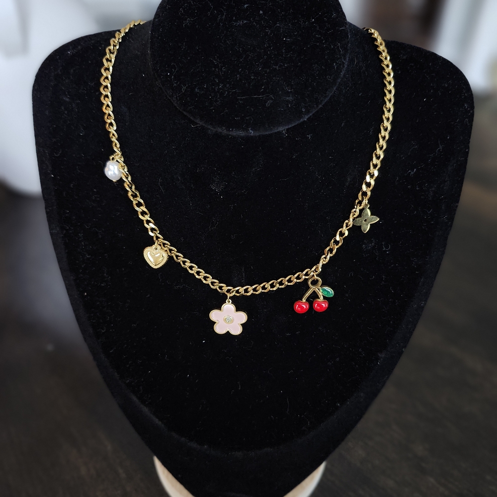 Gold Charm Necklace with Cherry and Flower Accents